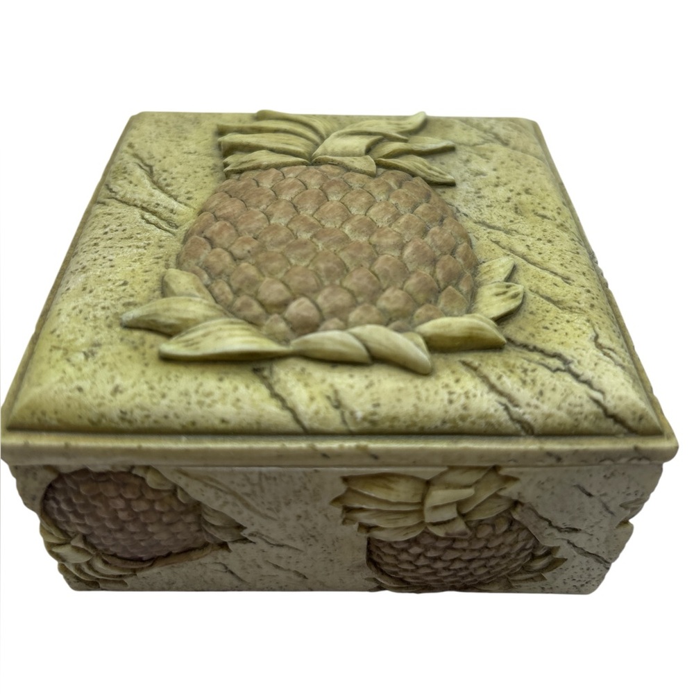 Pineapple Carved Decorative Trinket Box - beige & Brown, with a greenish hue.